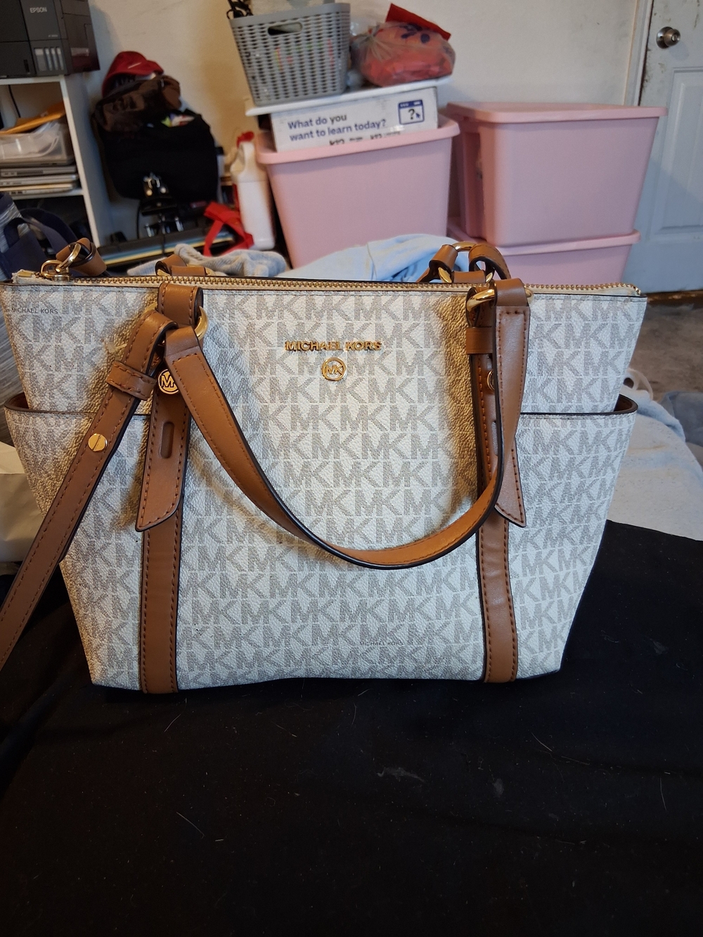 Michael Kors Cream Logo Tote with Tan Leather Trim